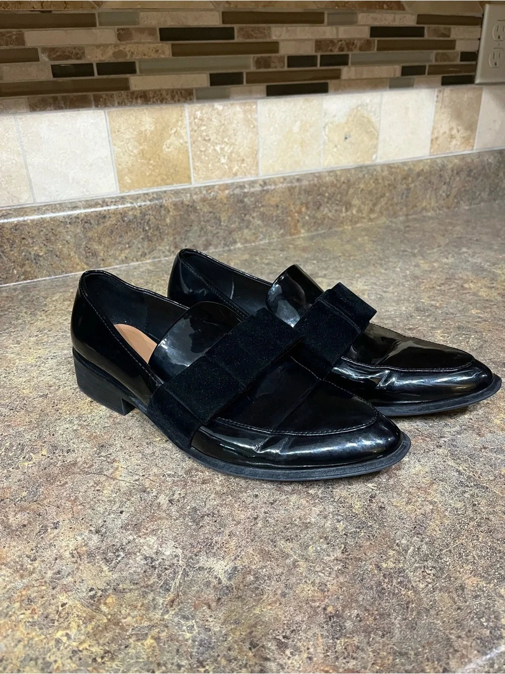 ZARA Trafaluc Black Patent Velvet Bow Loafers EU 41 US 10 Y2K Preppy Wedding